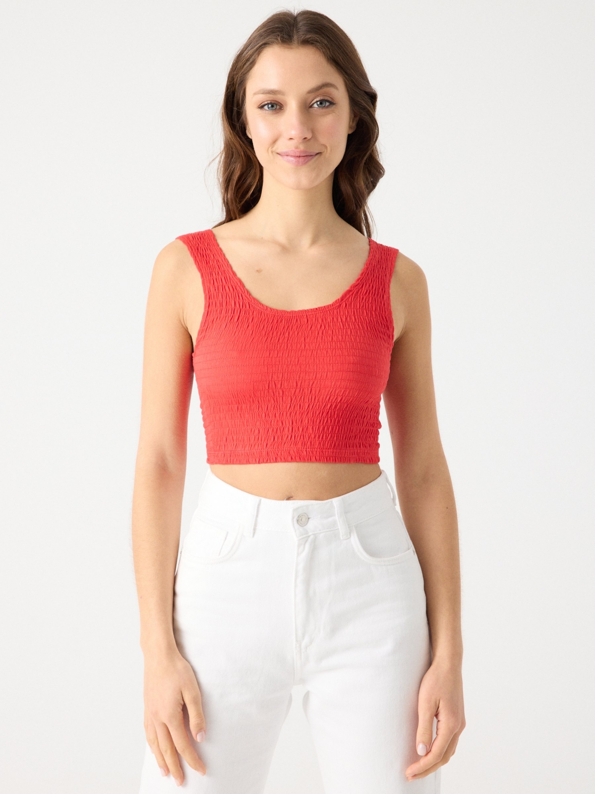 Crop top nido de abeja granate vista media frontal