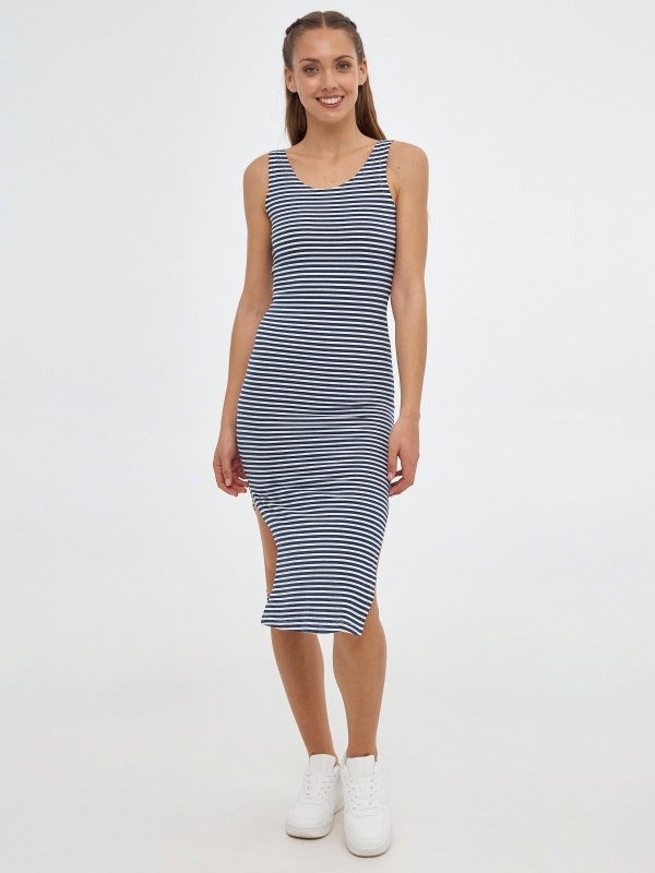 Striped midi dress navy middle front view