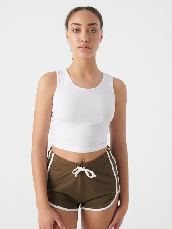 Contrast trim shorts olive green middle front view