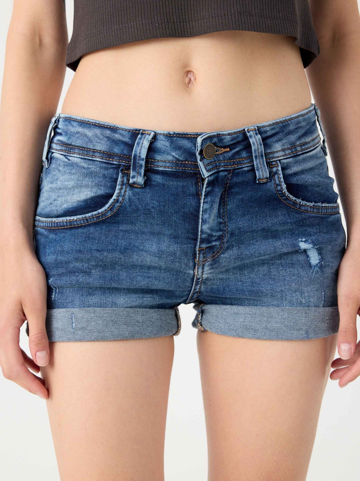 Ripped washed blue denim shorts blue detail view