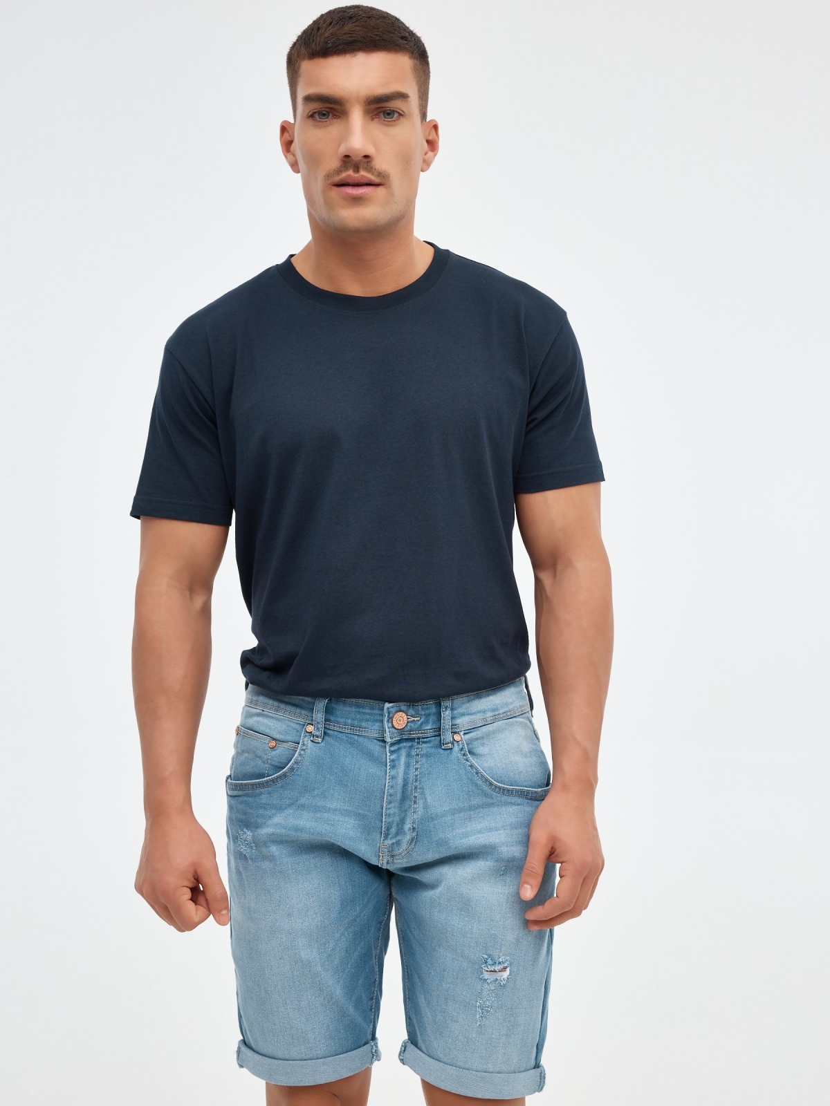 Ripped washed effect denim bermuda short blue middle front view