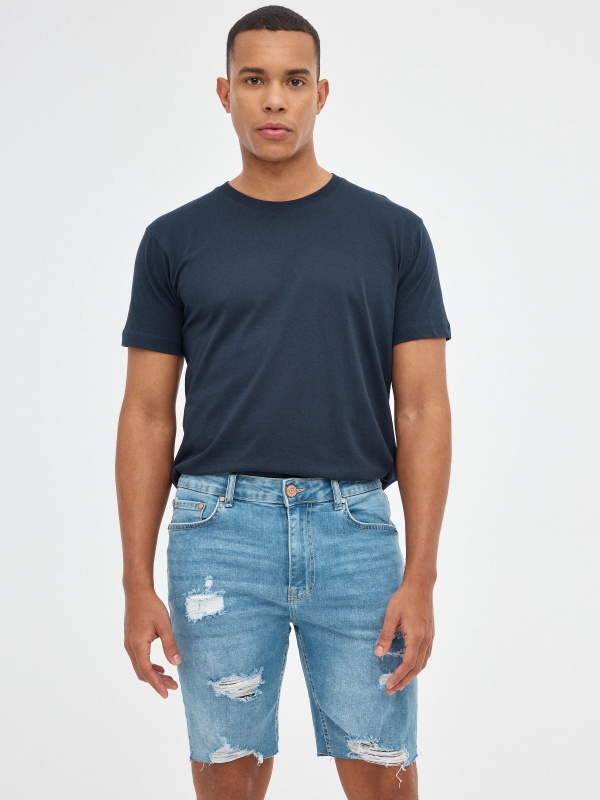 Ripped Denim Skinny Bermuda Shorts blue middle front view