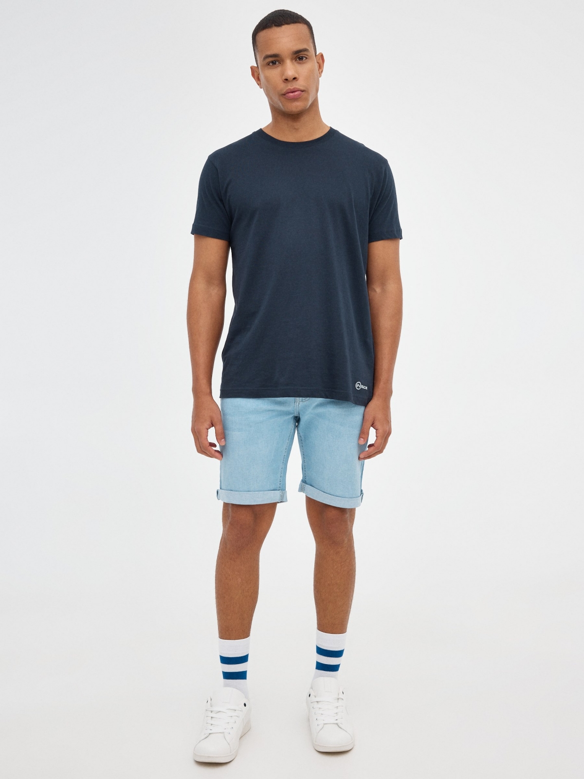 Denim Skinny Bermuda Shorts blue front view