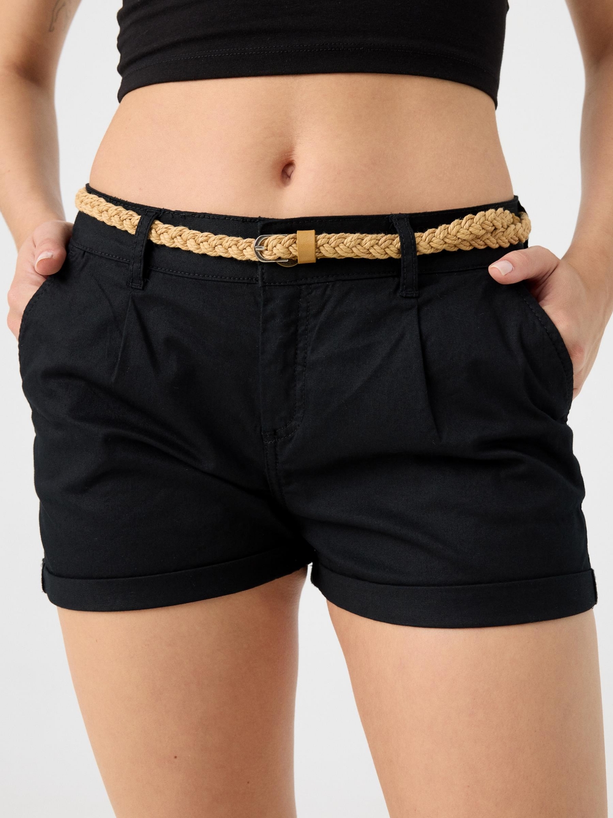 Shorts with darts and belt black detail view