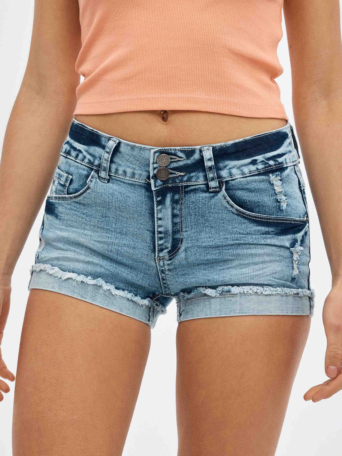 Ripped washed effect denim shorts blue detail view