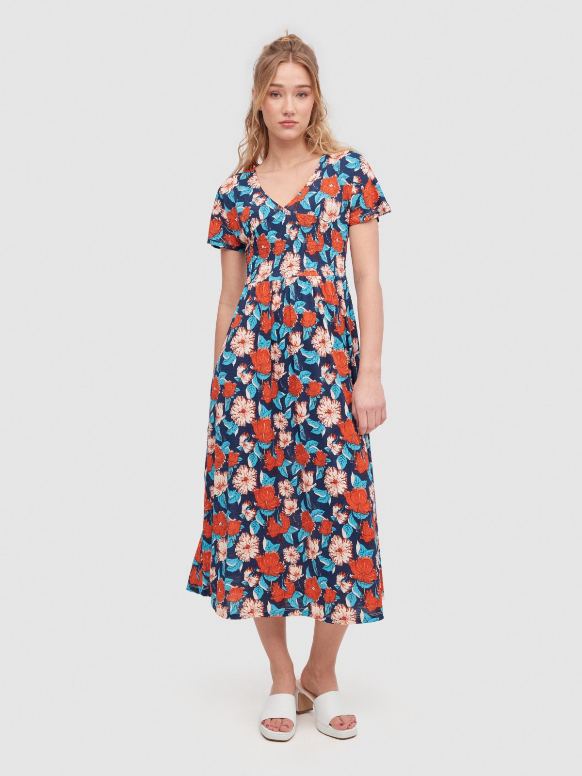 Waist-smocking midi dress navy middle front view