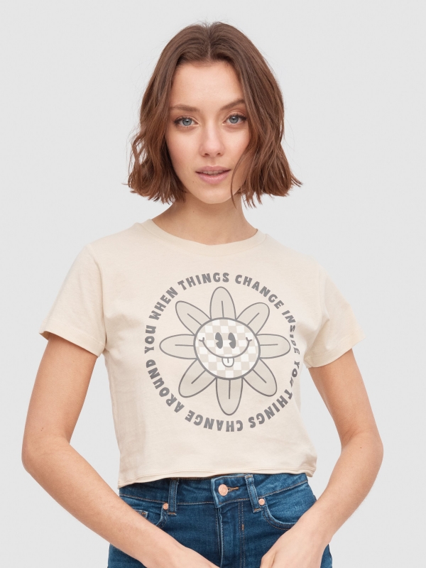 Smile crop t-shirt sand middle front view