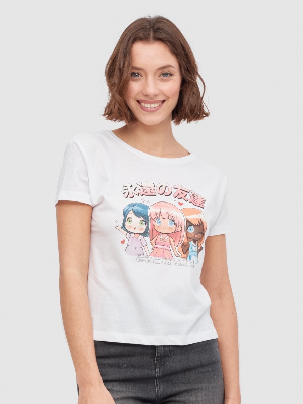 T-shirt com estampado kawaii branco vista meia frontal