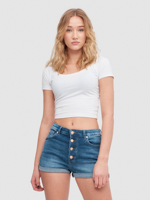 Denim high rise shorts blue middle front view