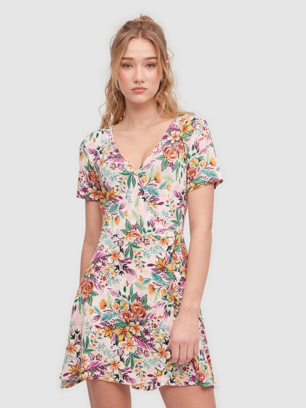 Vestido mini decote cruzado floral multicolorido vista meia frontal
