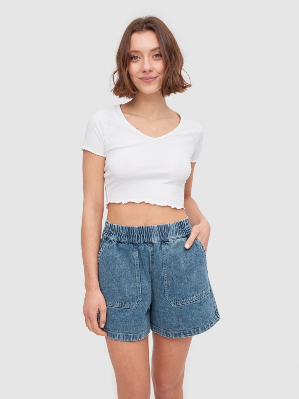 Lightweight denim shorts blue middle front view
