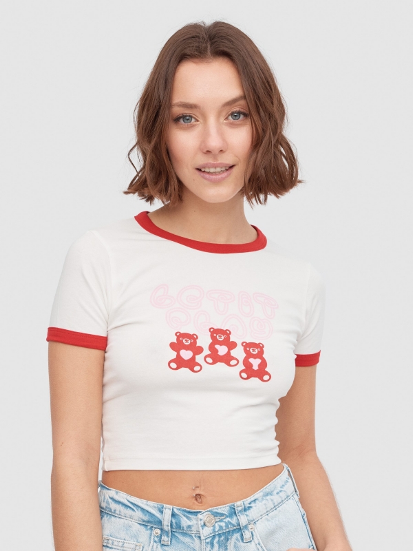 T-shirt em contraste ursinhos off white vista meia frontal