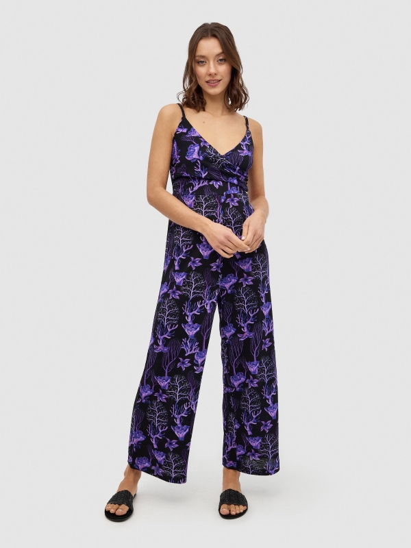 Printed long jumpsuit aubergine front view