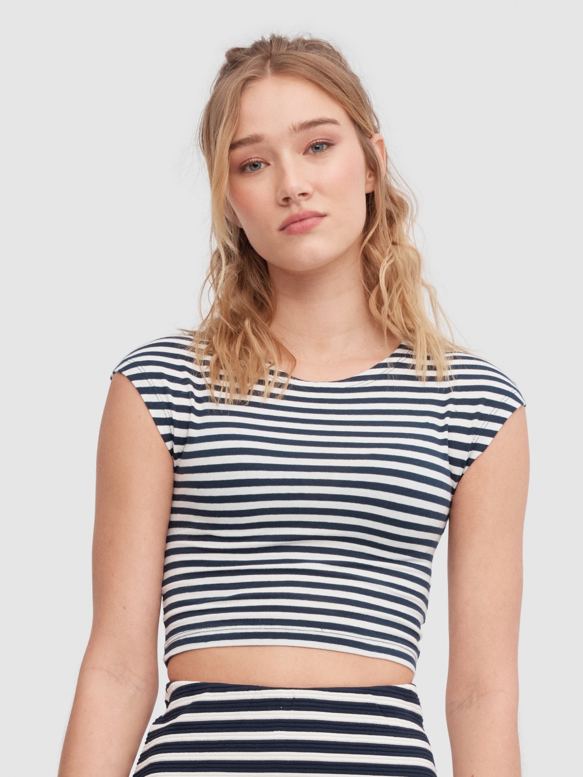 Sleeveless striped top navy middle front view