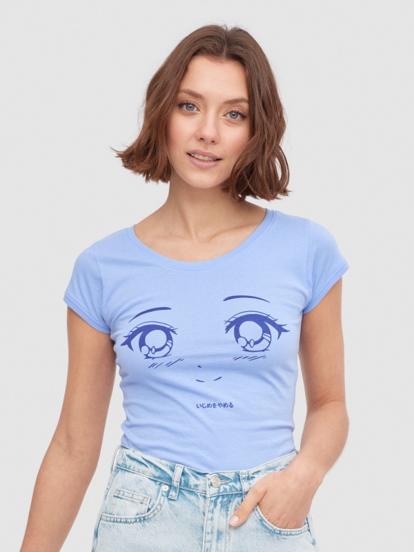 T-shirt Kawaii azul vista meia frontal