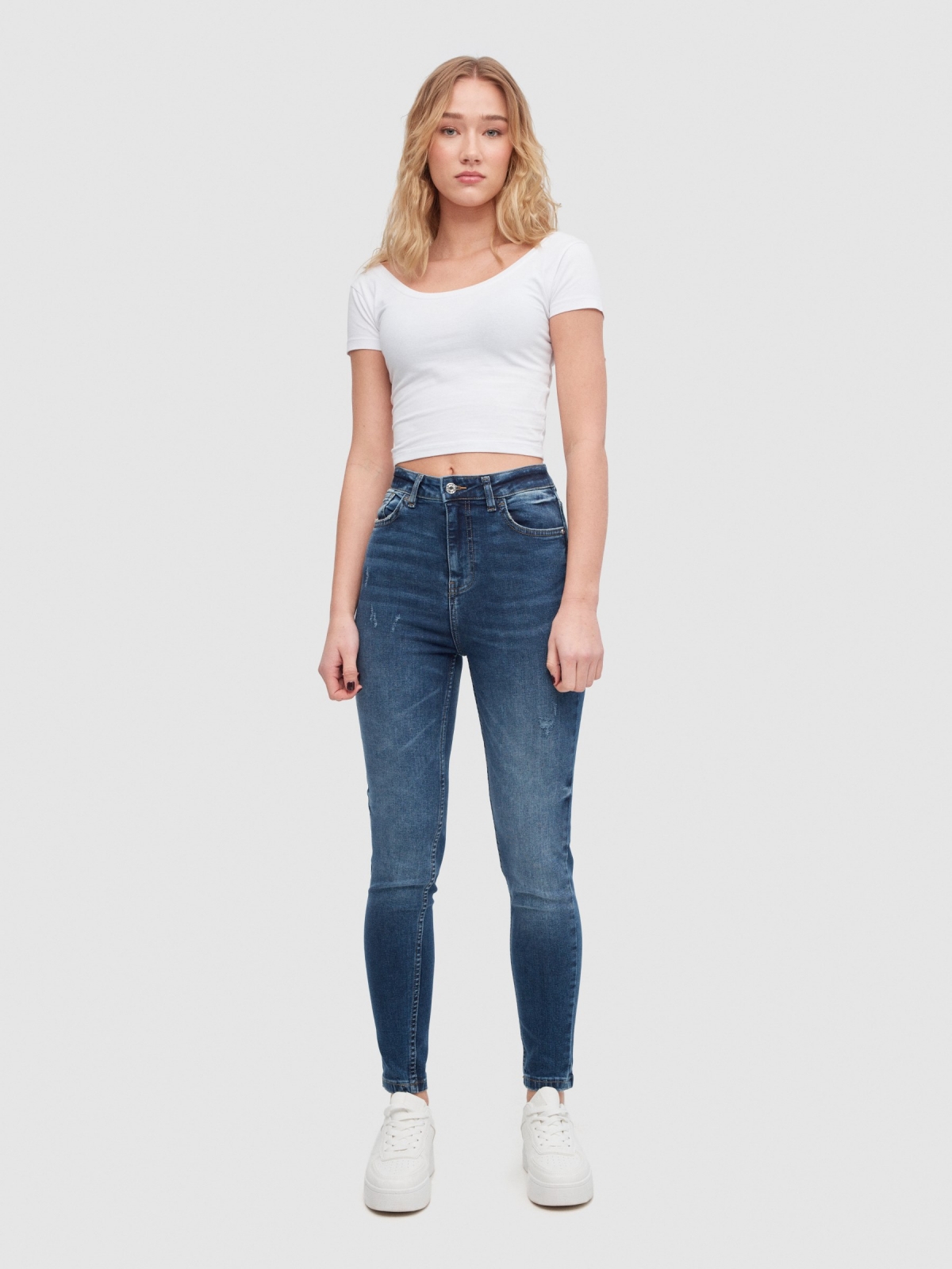 Jeans skinny de cintura alta desgaste azul escuro vista geral frontal