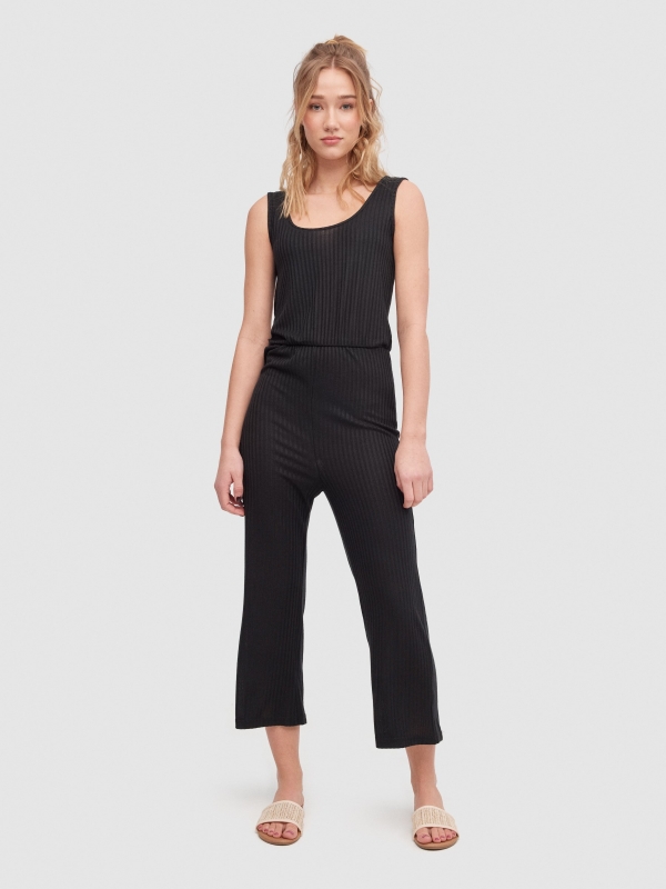 Ribbed strappy jumpsuit black front view