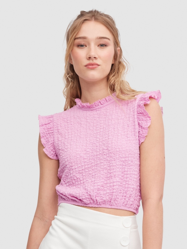 Ruffled top with cut out back magenta middle front view