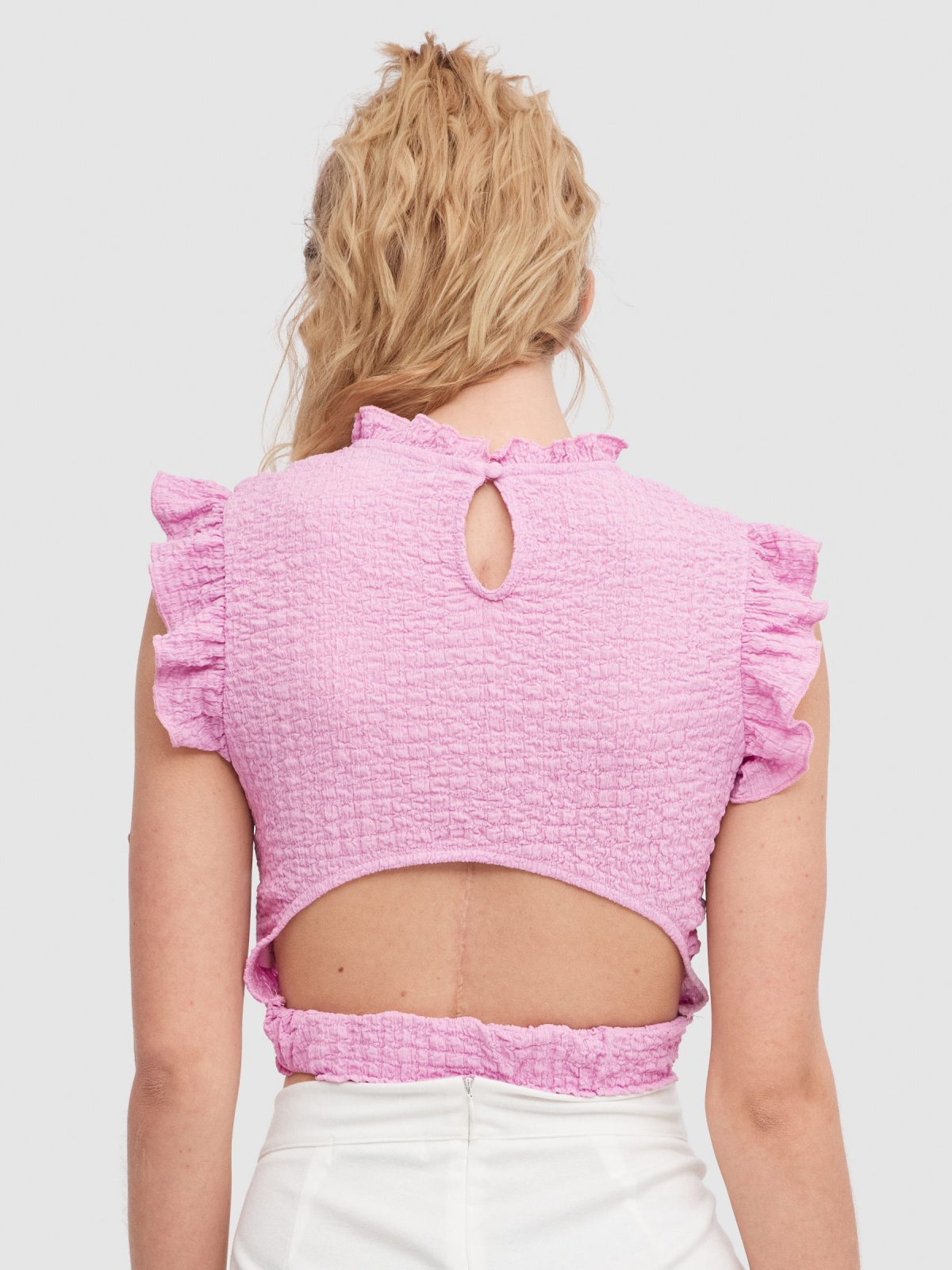 Ruffled top with cut out back magenta middle back view
