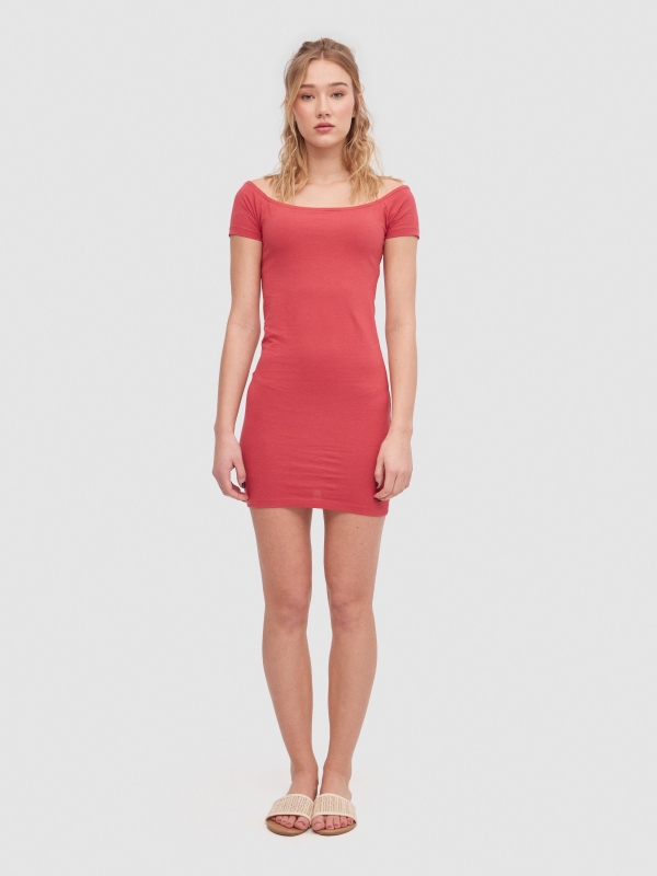Bardot neckline tight dress red front view