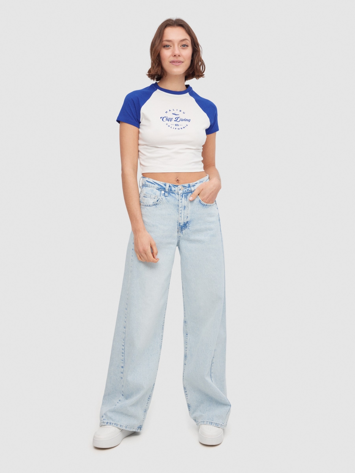 Contrast sleeve crop top electric blue front view