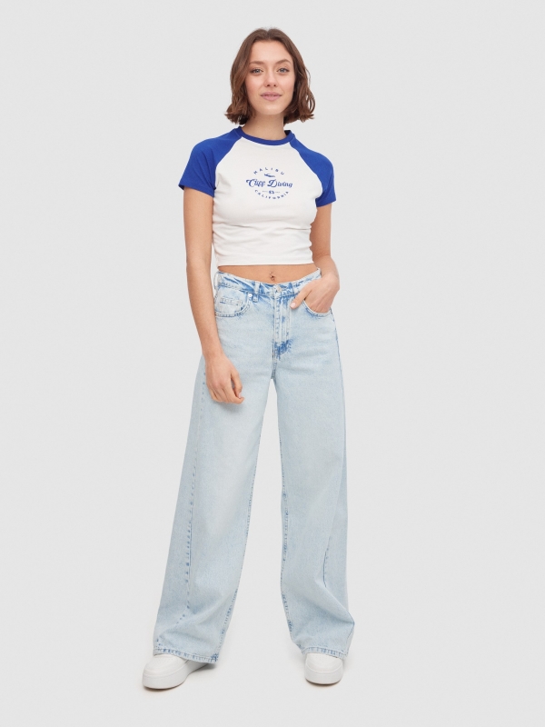 Contrast sleeve crop top electric blue front view