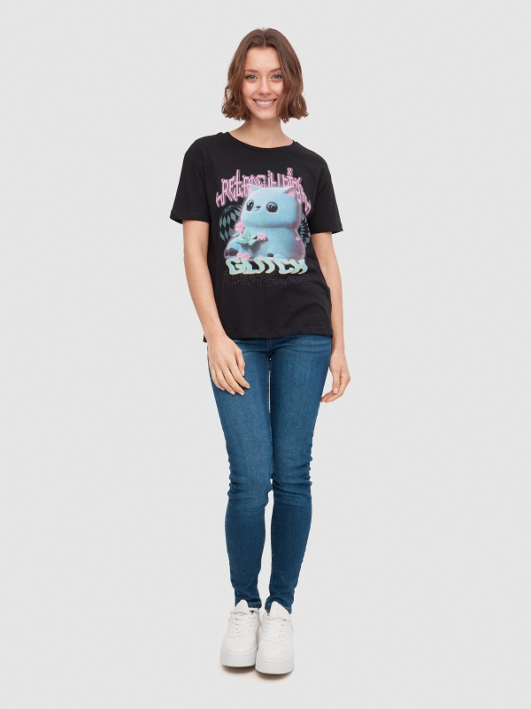 T-shirt oversize com um gato 3D preto vista geral frontal
