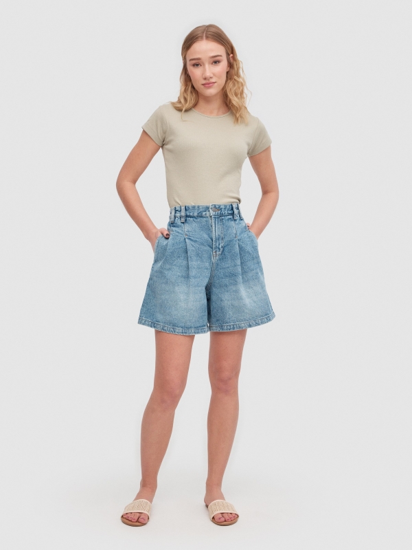 Denim pleated shorts blue front view