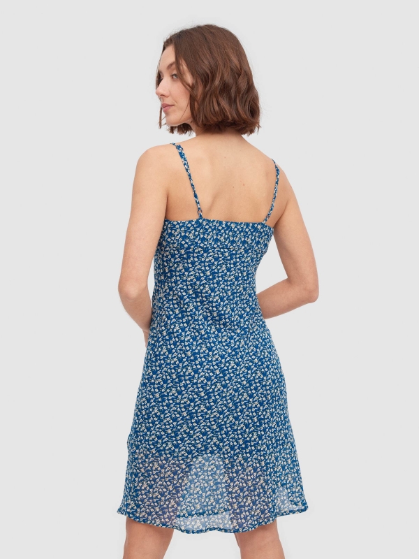Rounded ruffled neckline sundress blue middle back view
