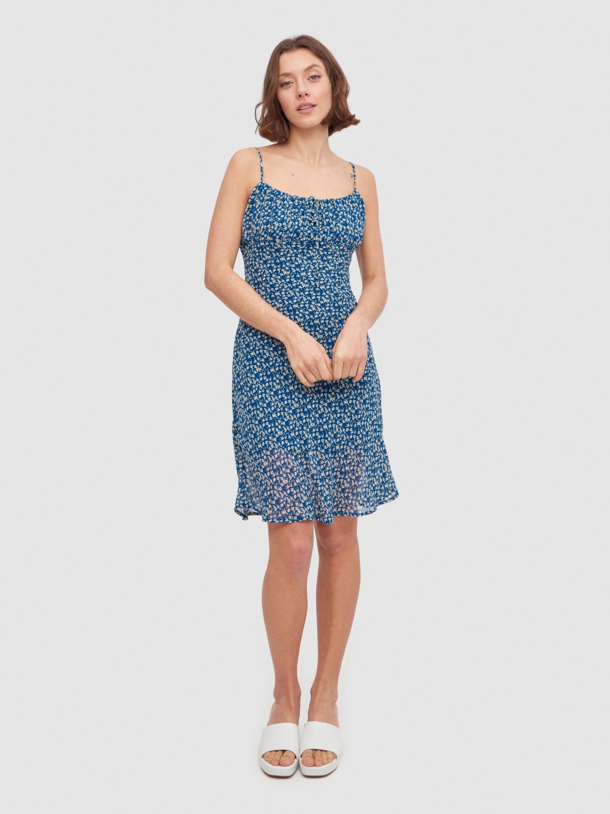 Rounded ruffled neckline sundress blue front view