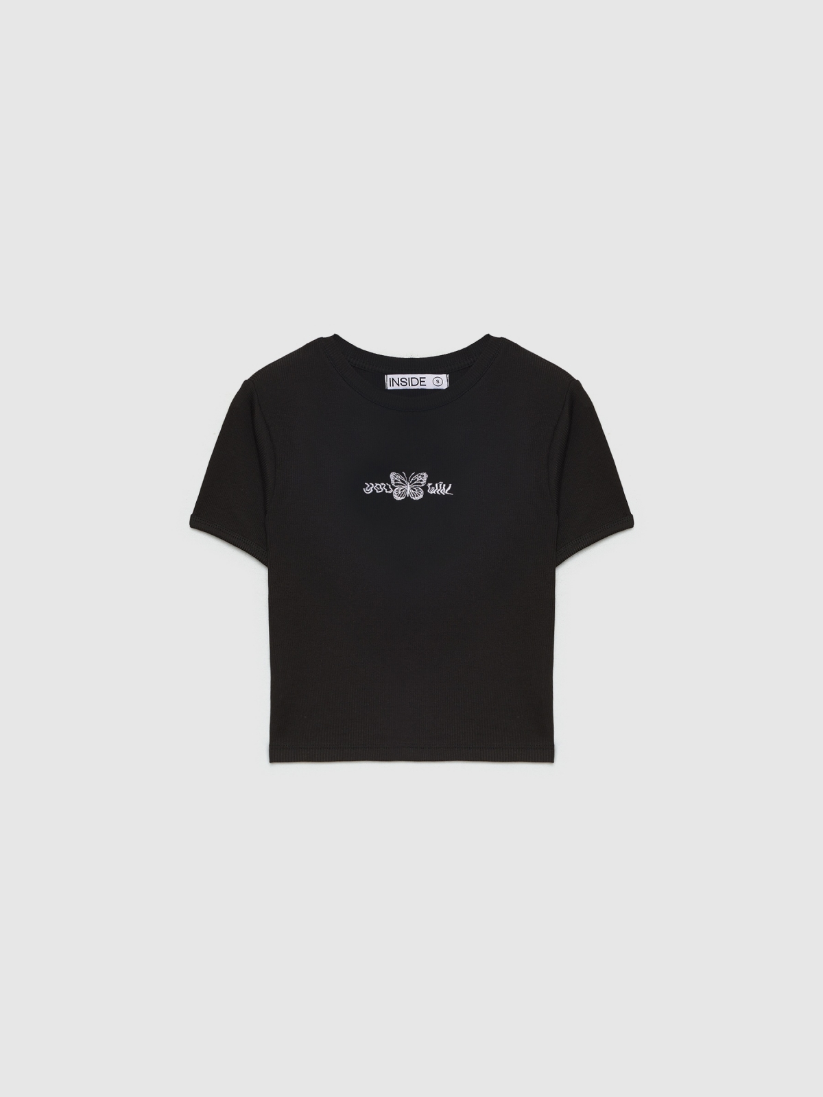  T-shirt rib bordada com borboleta preto