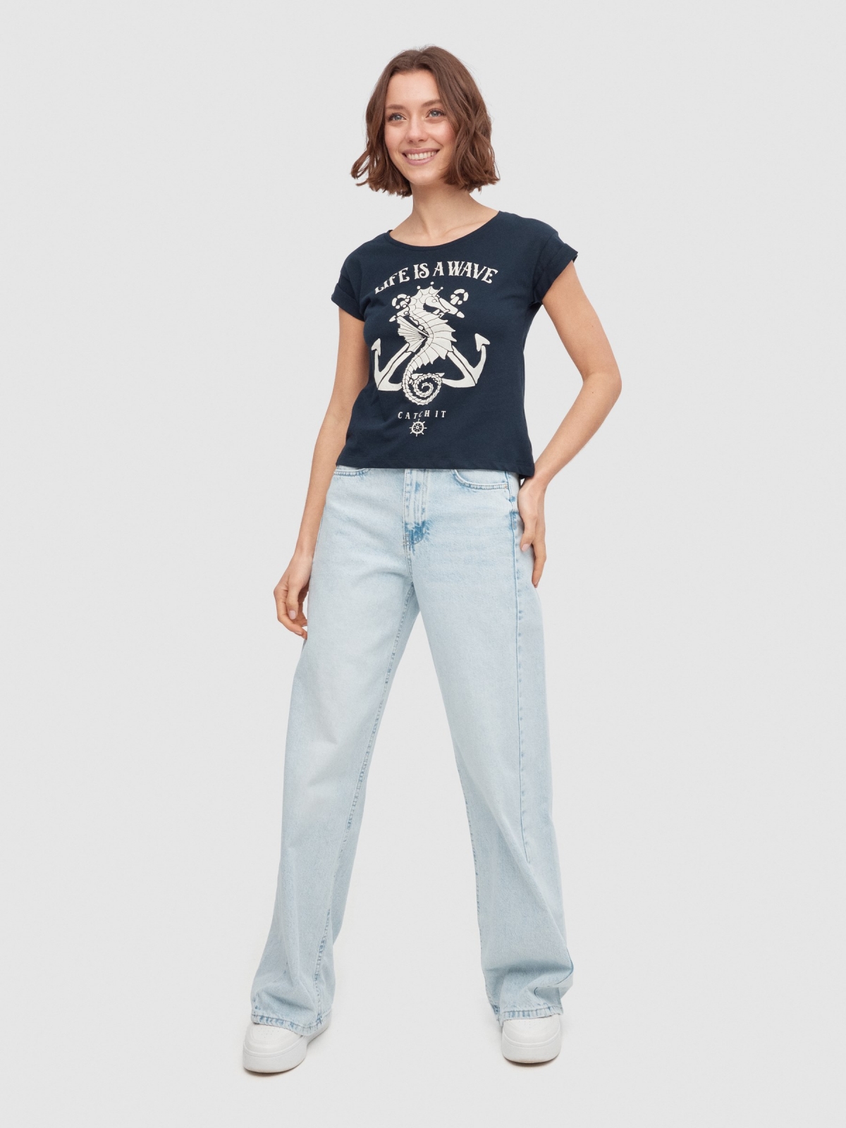 Seahorse T-shirt navy front view