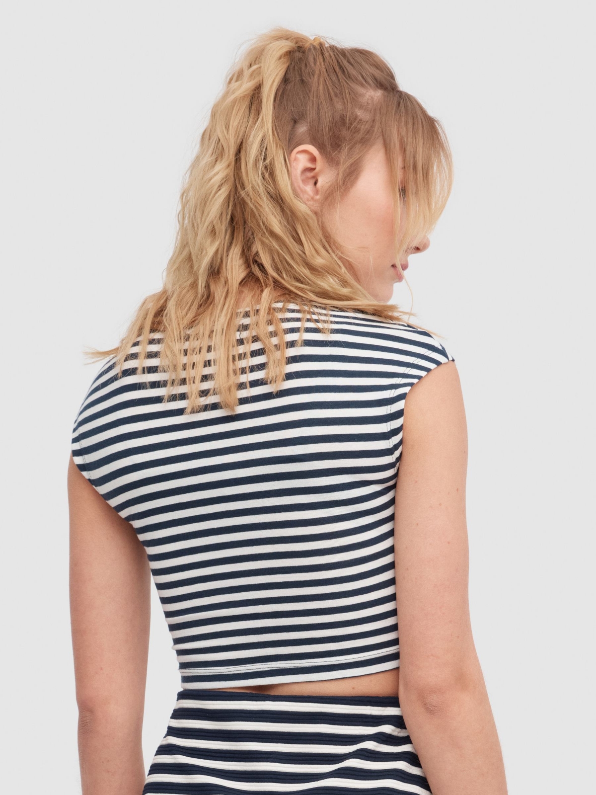 Sleeveless striped top navy middle back view