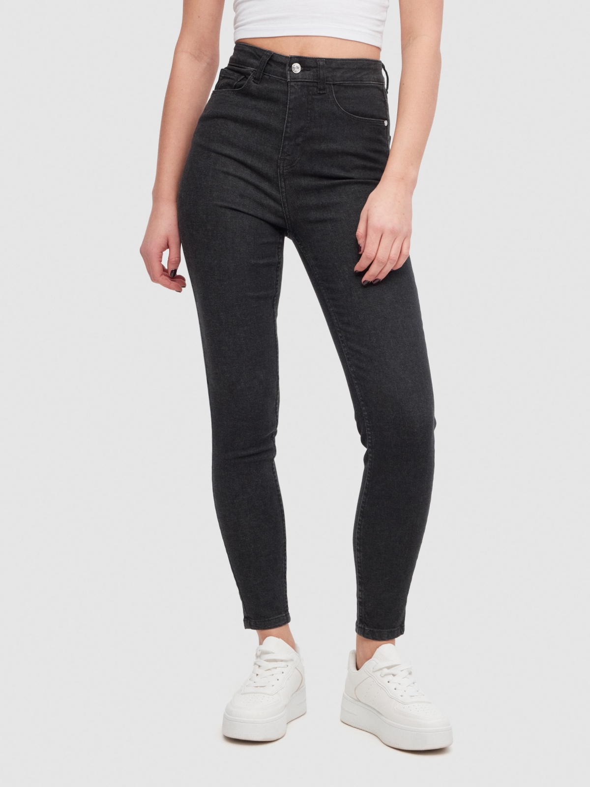 Jeans skinny de cintura alta negros preto vista meia frontal