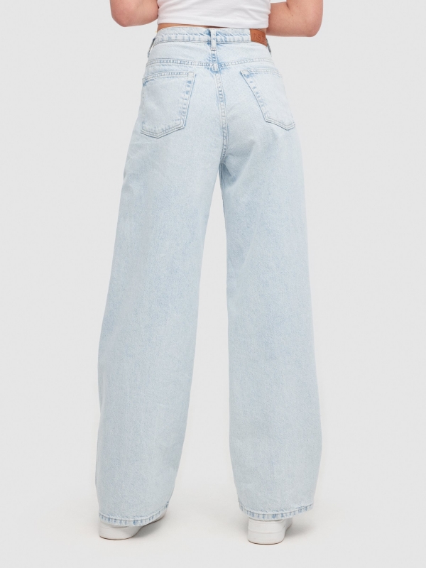 Jeans wide leg costura azul vista meia traseira