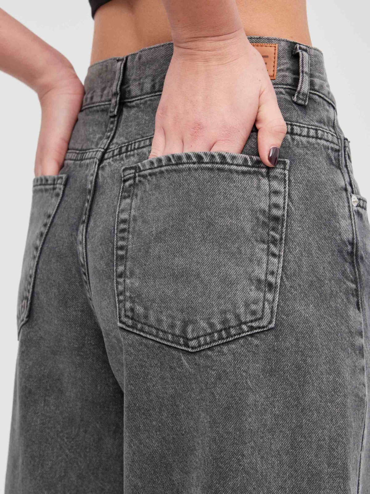 Wide leg grey jeans black detail view