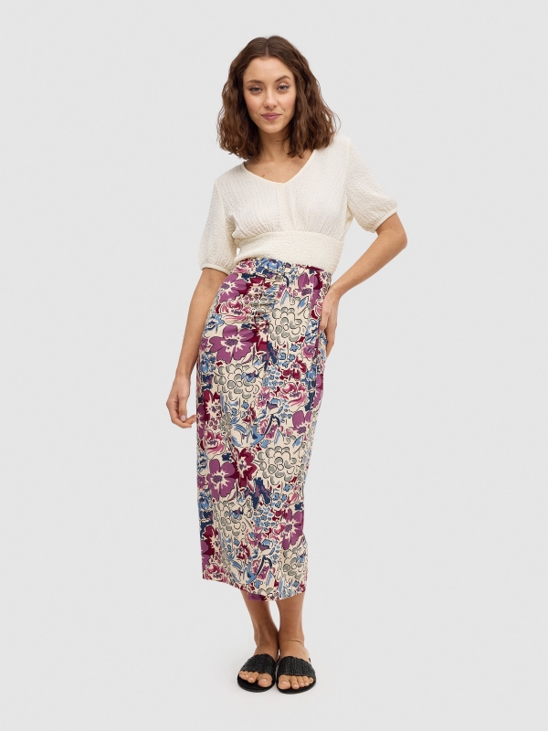 Ruffled midi skirt with slit multicolor middle front view