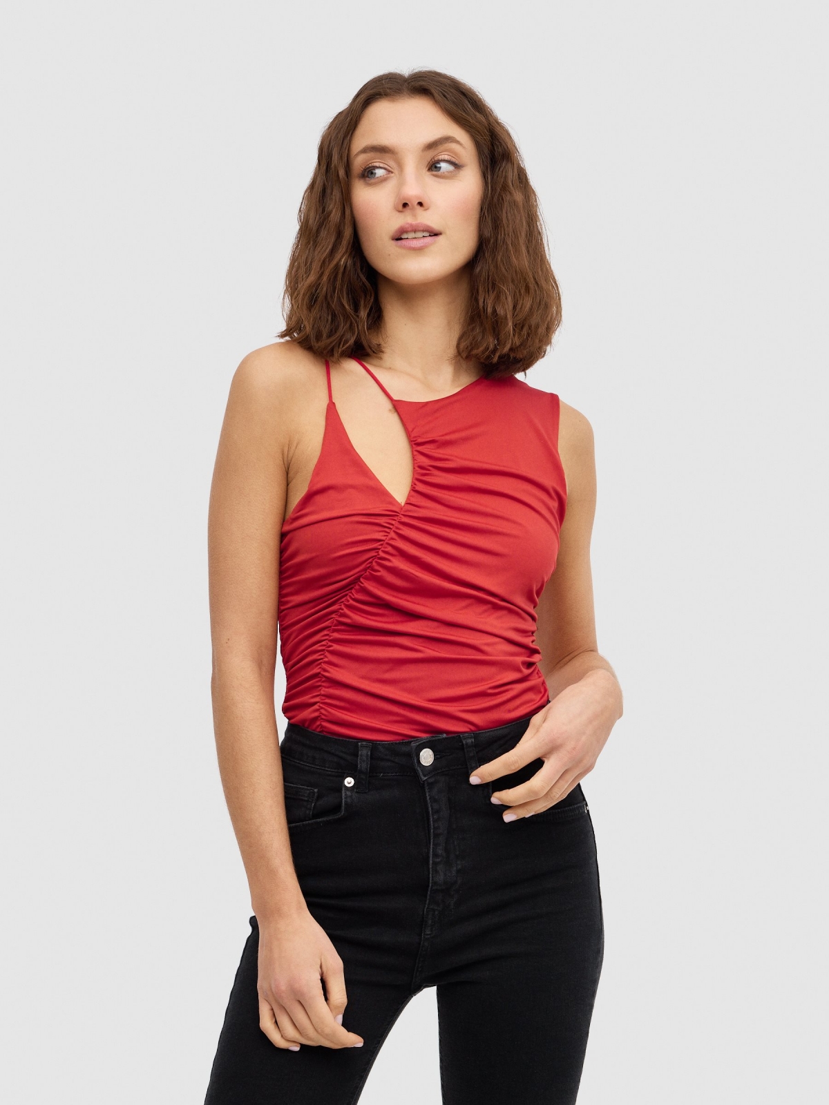 Cut out neck top red middle front view