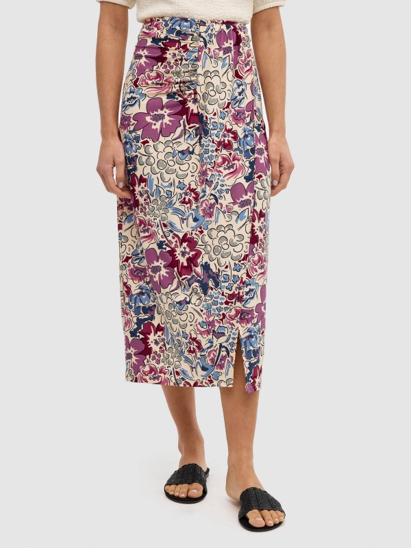 Falda midi fruncida con abertura multicolor vista media trasera