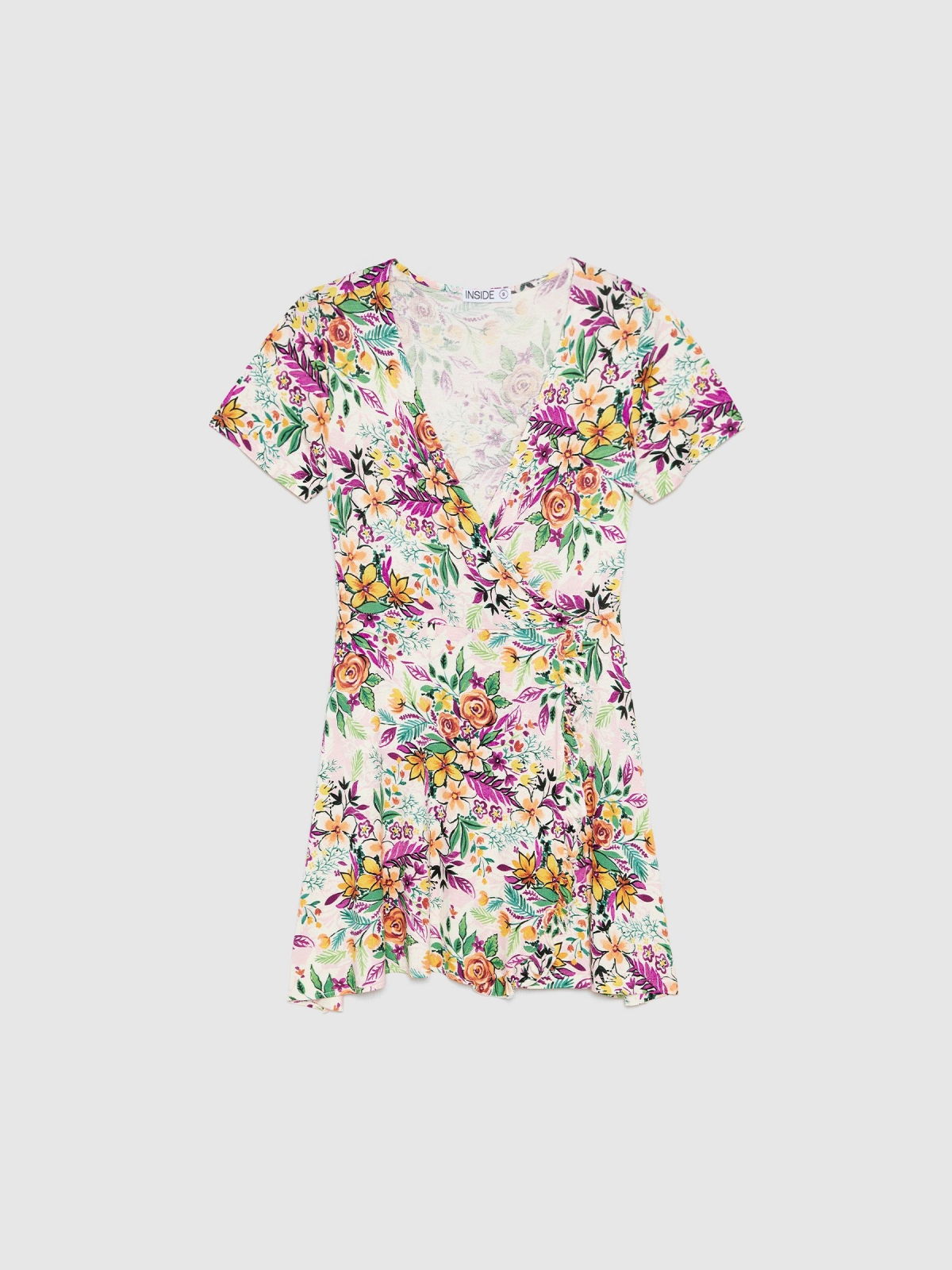  Vestido mini decote cruzado floral multicolorido