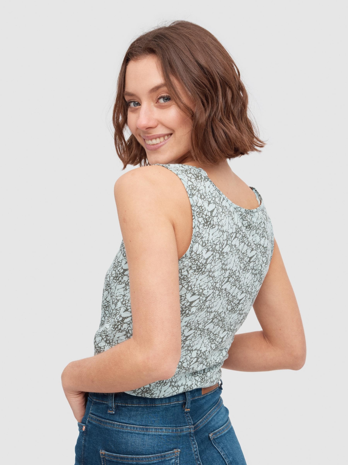 Animal print knotted t-shirt teal middle back view