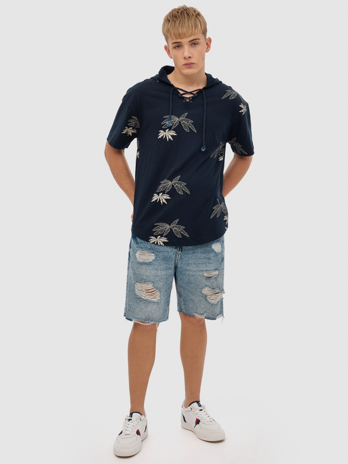 Palm trees hooded t-shirt navy front view