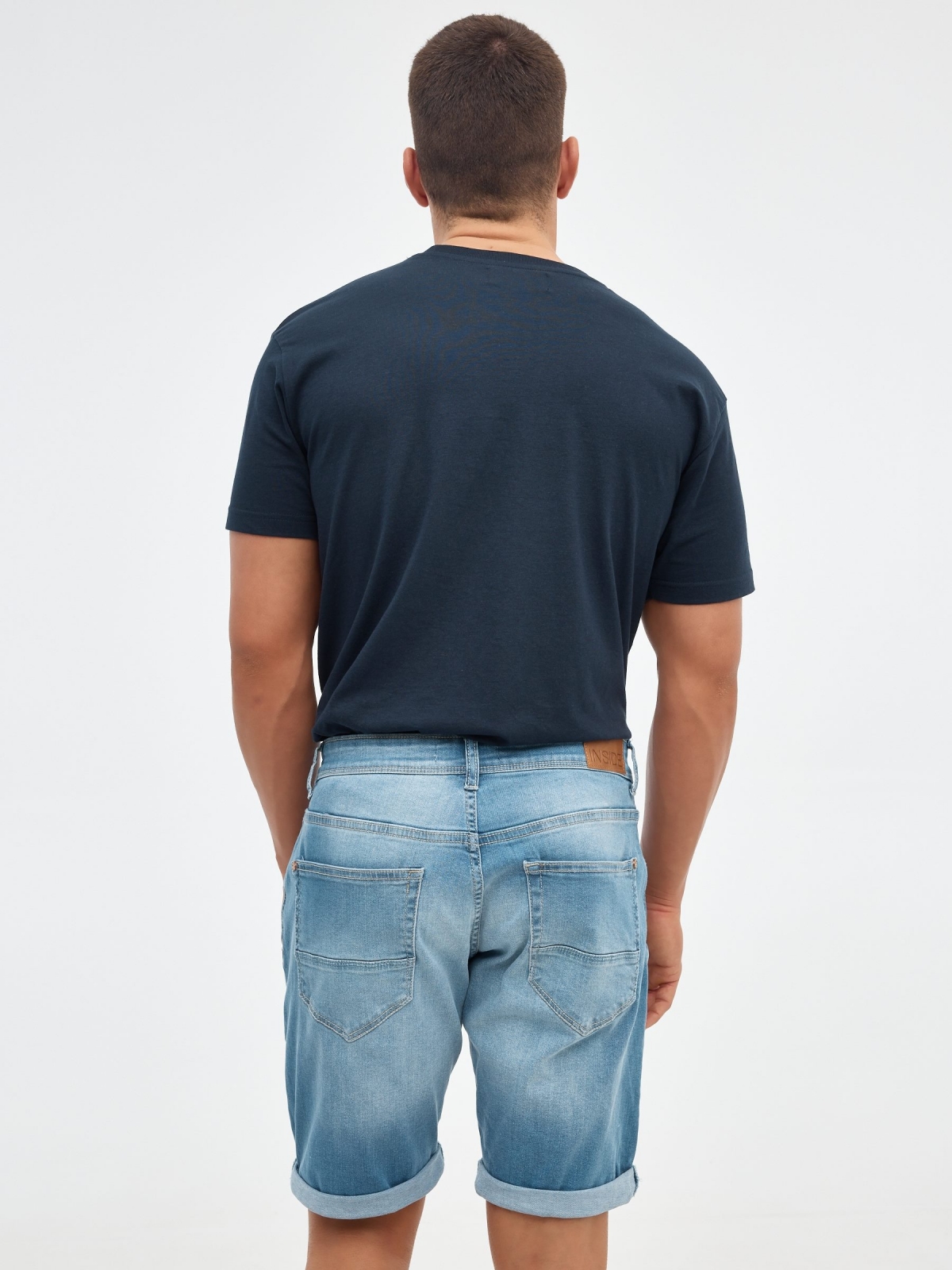 Ripped washed effect denim bermuda short blue middle back view