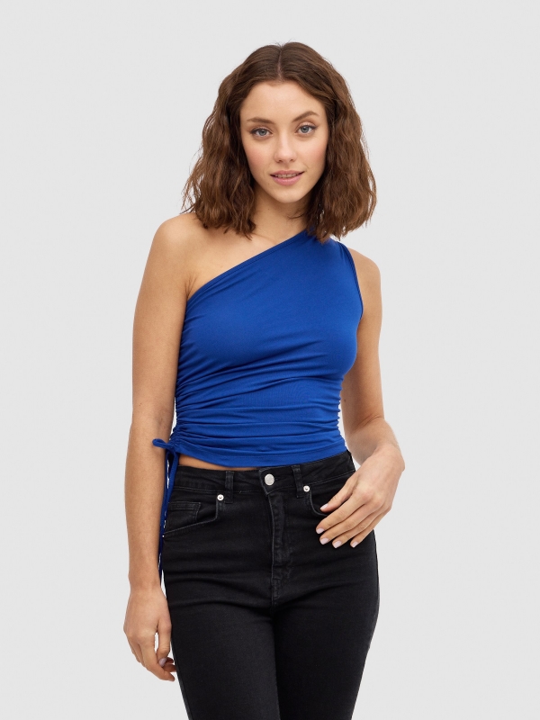 Asymmetric ruffled top electric blue middle front view