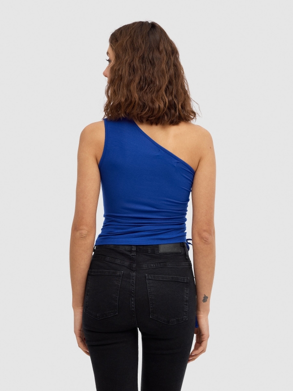 Asymmetric ruffled top electric blue middle back view