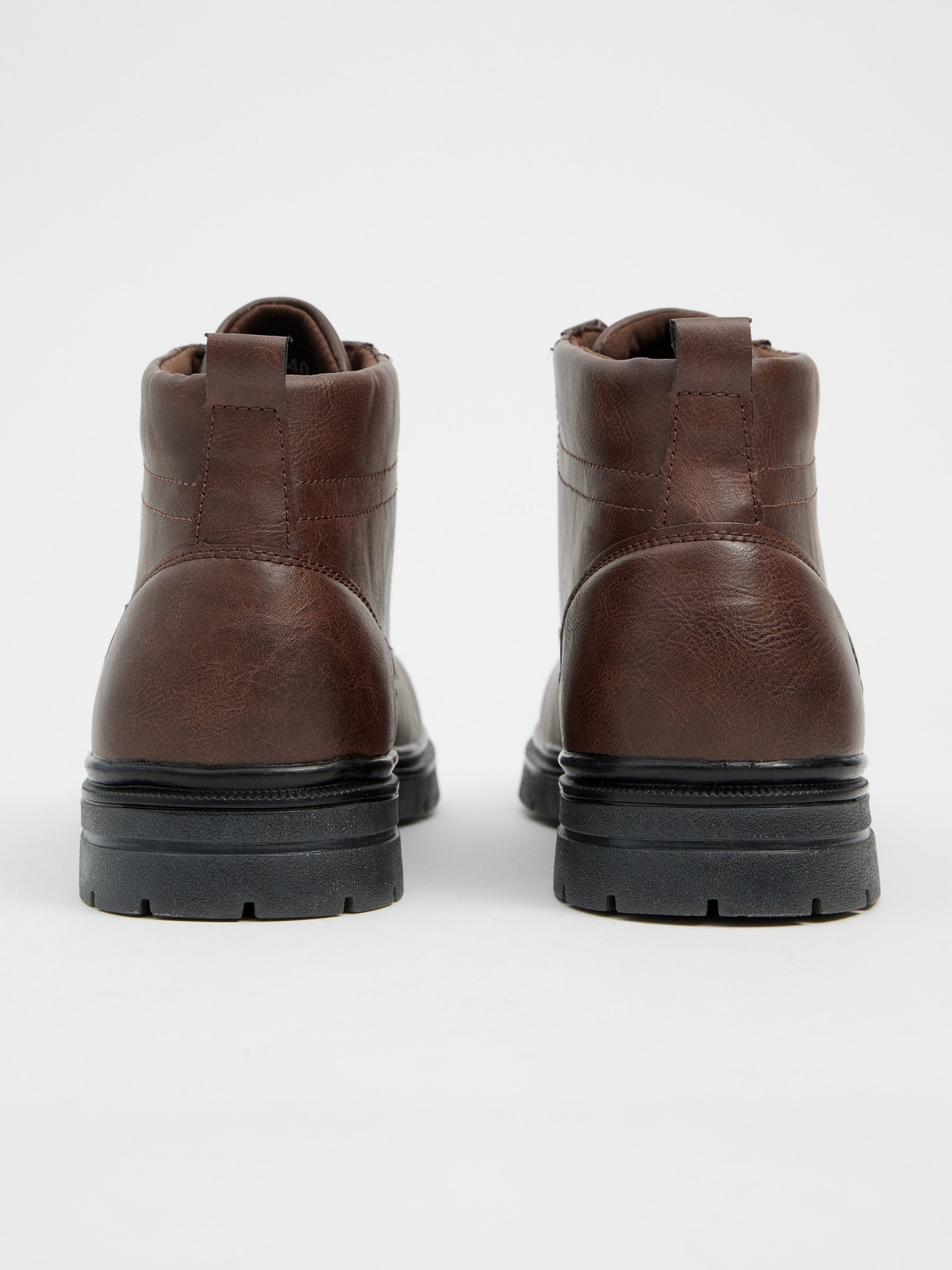 Brown faux leather boot with laces chocolate detail view