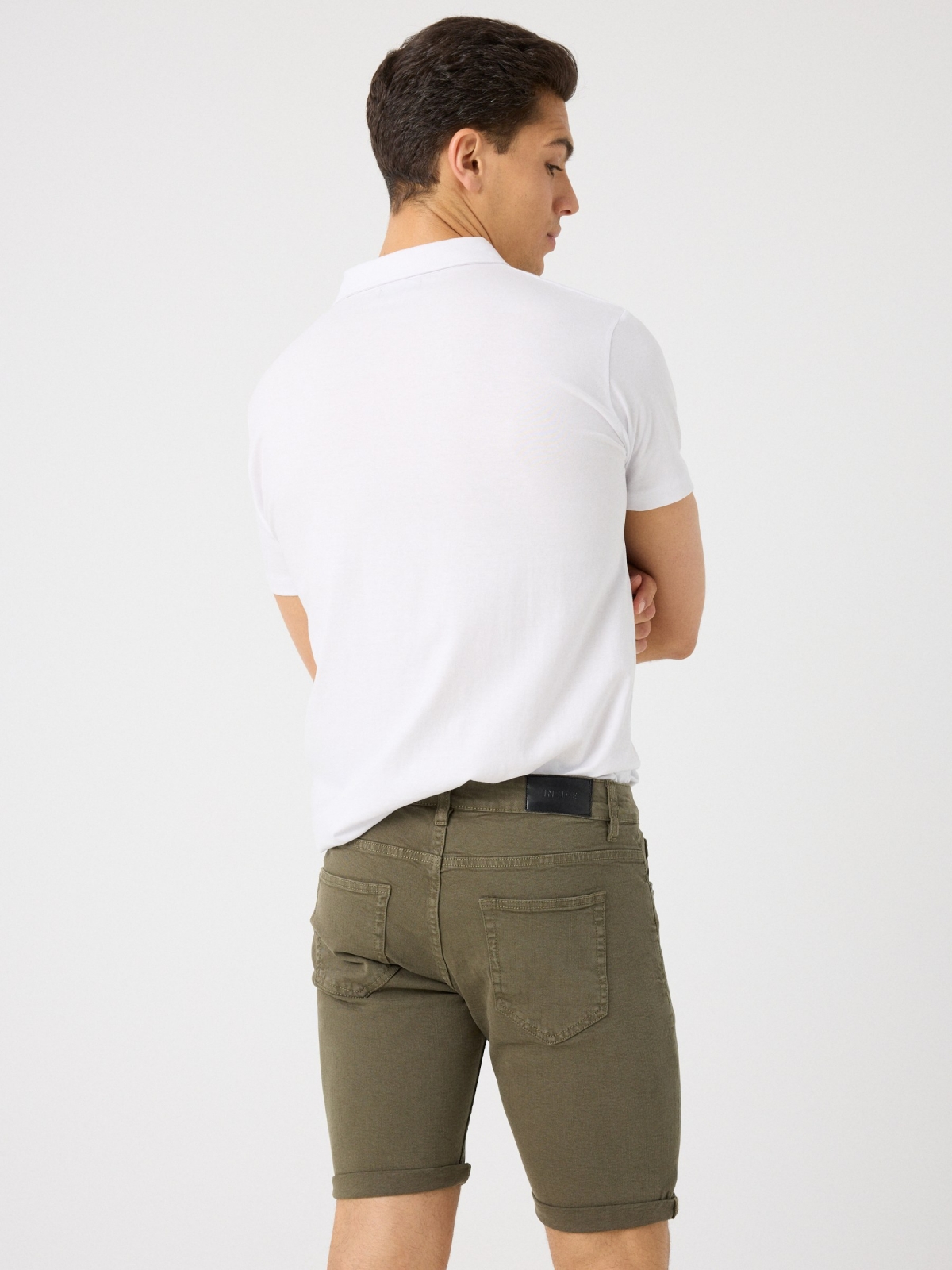 Coloured denim shorts khaki middle back view