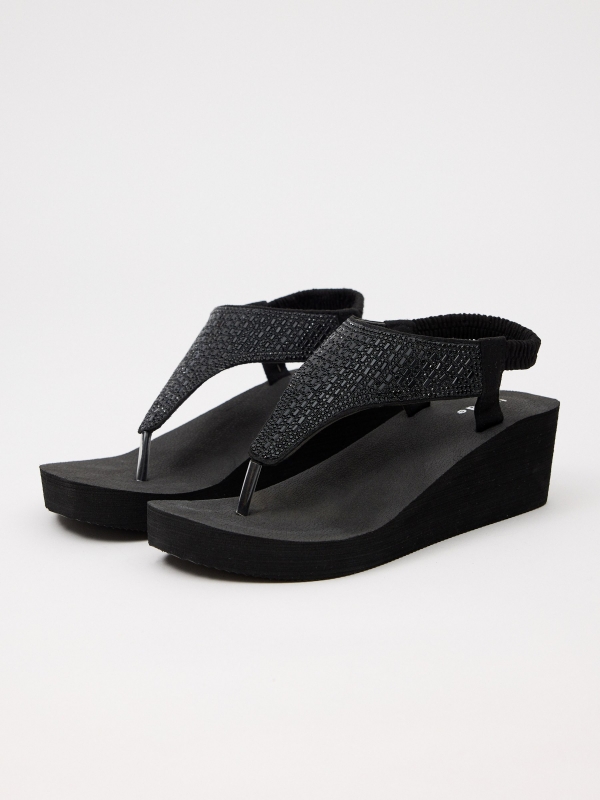 Wedge flip flops with glitter black lateral view