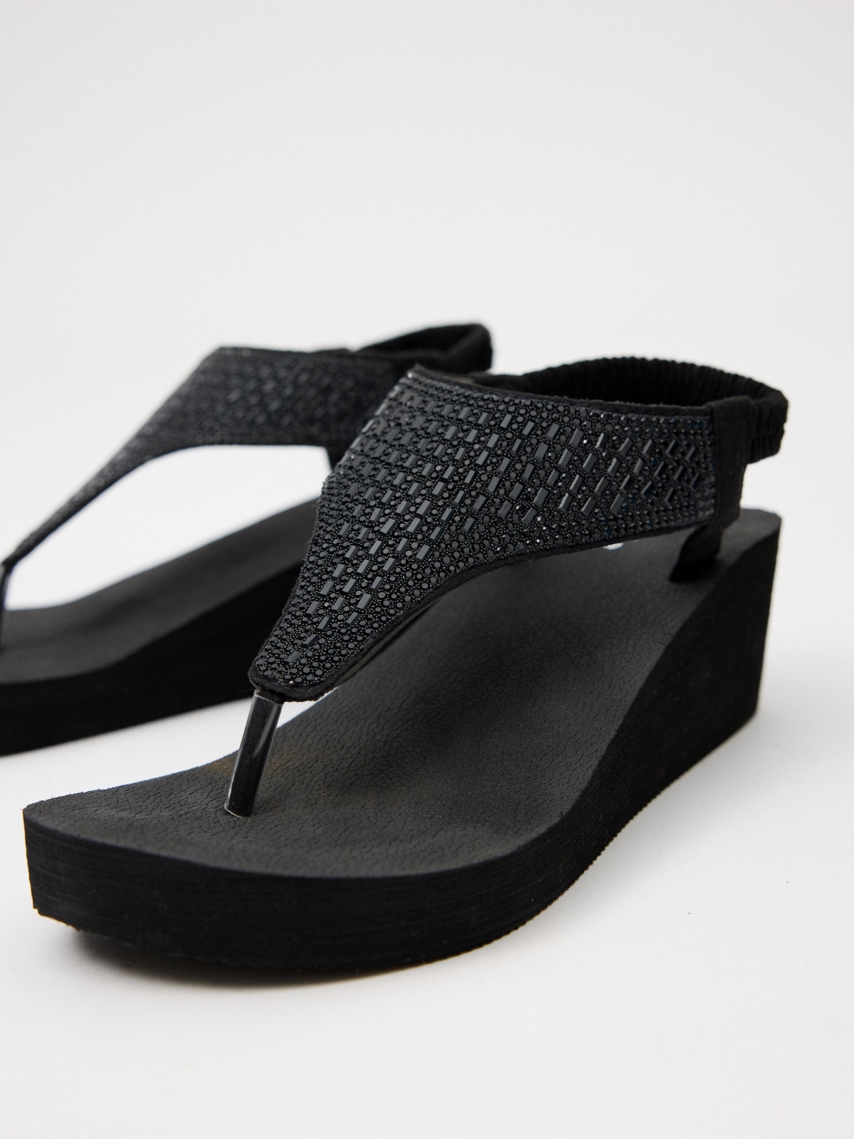 Wedge flip flops with glitter black detail view