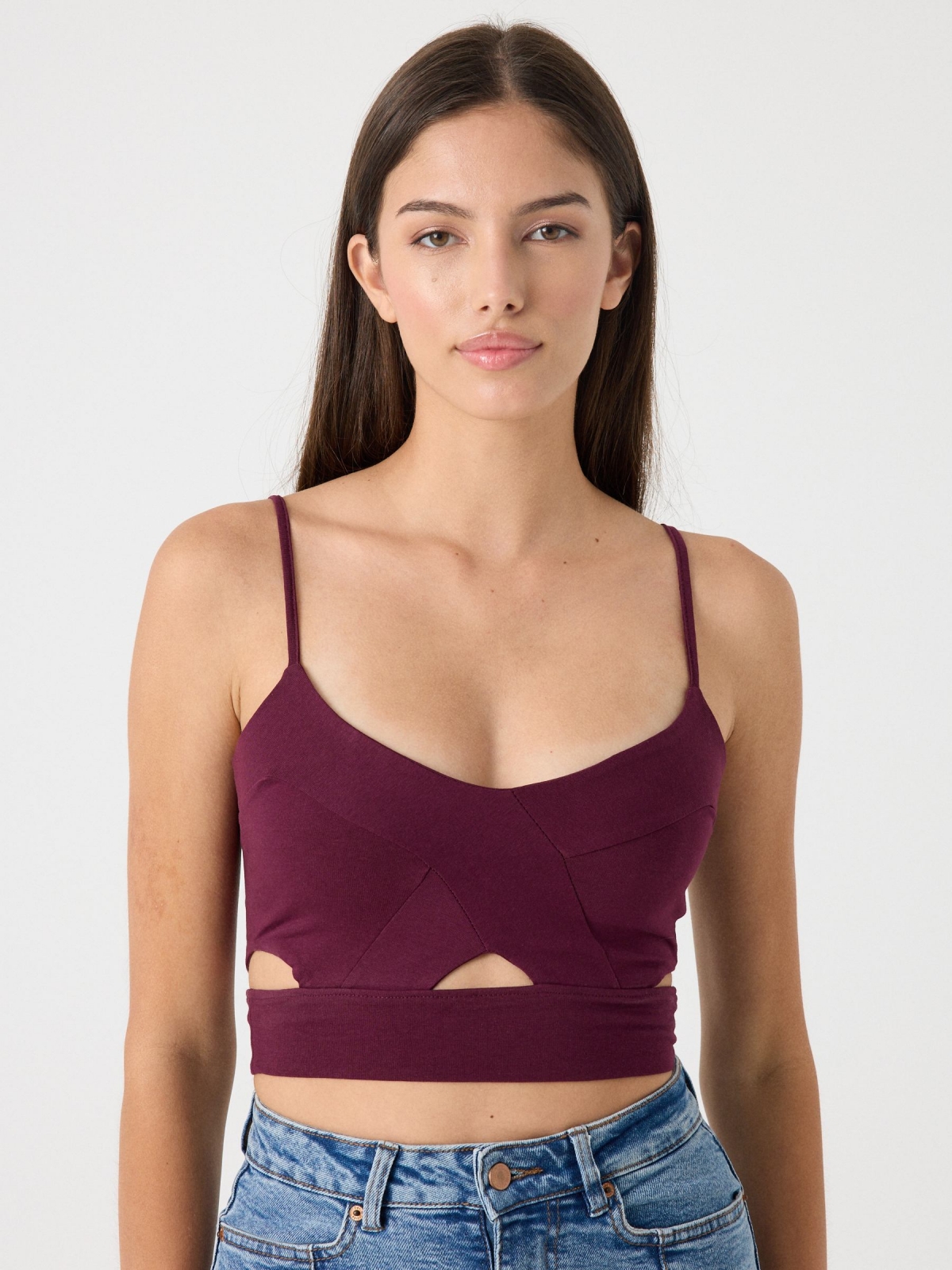 Top cropped cut out burgundy middle front view